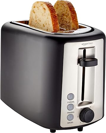 Amazon Basics 2 Slice Extra Wide Slot Toaster with Bagel Function, Removable Crumb Tray, 6 Browning Settings, Frozen Food Setting, Cancel Button, 900W, Black & Silver.