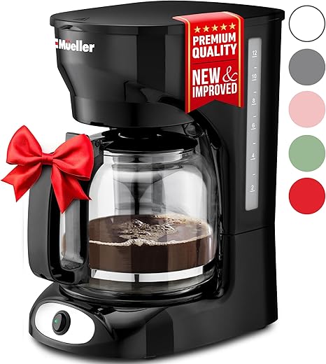 Mueller 12-Cup Drip Coffee Maker - Borosilicate Carafe, Auto-Off, Reusable Filter, Anti-Drip, Keep-Warm Function, Clear Water Level Window Coffee Machine, Ideal for Home or Office